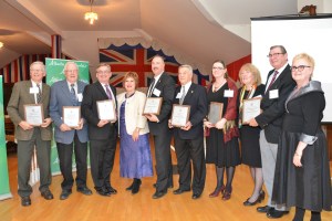 From L to R: Kermith Anderson; Lawrence Henderson, President, Lacombe & District Historical Society; Jamie Kinghorn, Councillor, Town of High River; Honourable Heather Klimchuk, Minister of Culture; Steve Christie, Mayor, City of Lacombe; Jack Manson; Trisha Carleton (receiving award for her mom, Judy Ann Carleton); Ann Ramsden, Arts & Heritage Foundation of St. Albert; Dr. Alan Murdock, Chair, Arts & Heritage Foundation of St. Albert; Dr. Carolee Pollock, AHRF Chair. Missing: Cathering C. Cole.