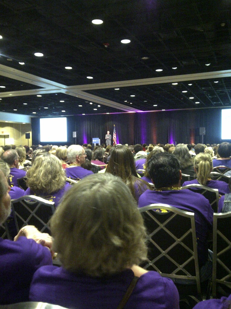 Some purple-shirted Wyoming Main Street leaders, listening to the keynote presentation. 