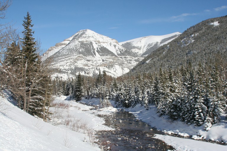 A photo of Cameron Creek, formerly known as Oil Creek, flows through the rugged terrain of Waterton Lakes National Park. Western Canada’s first oil well was located alongside this creek.