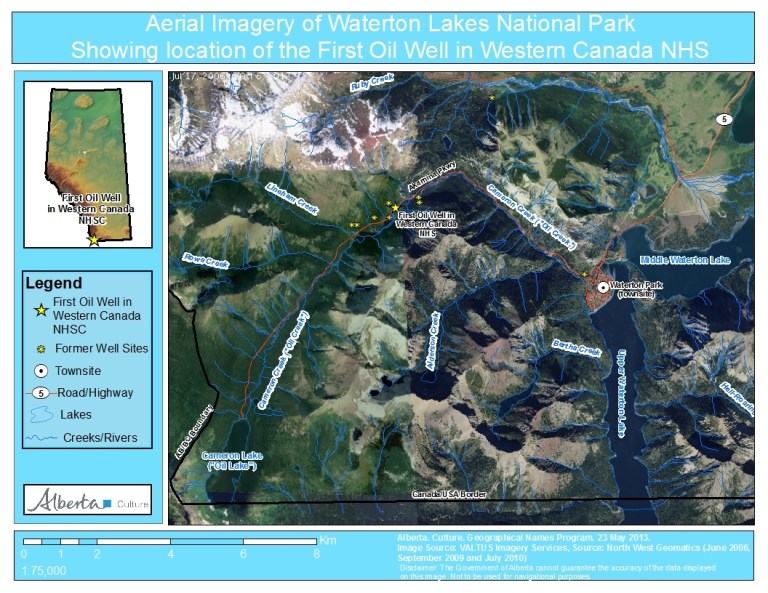 Aerial Imagery of Waterton Lakes National Park, showing the locations of the Cameron Lake (formerly Oil Lake) Cameron Creek (formerly Oil Creek) and the First Oil Well in Western Canada National Historic Site of Canada.