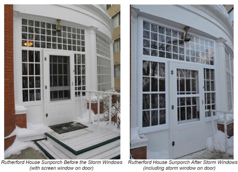 Images Showing the Rutherford House Sunporch before and after storm windows were added.