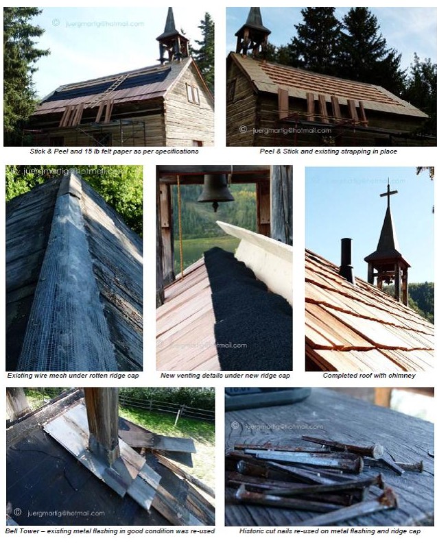 Images showing different aspects of the St. Charles Mission re-roofing at Historic Dunvegan.