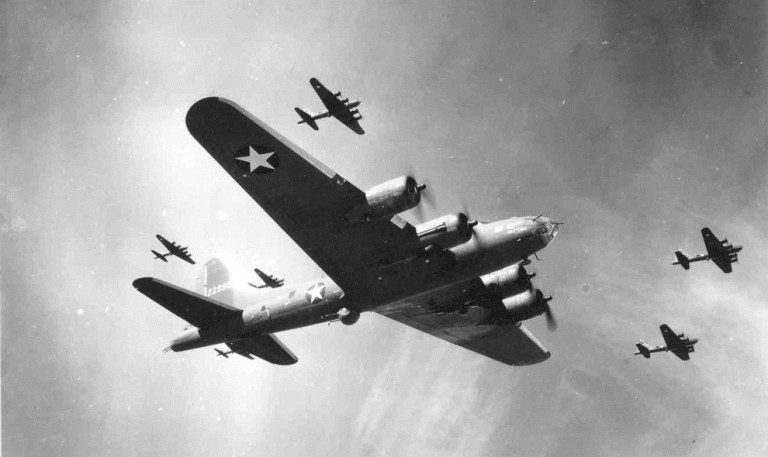 B-17F flying fortress formation in WWII (photo credit 050615-F-1234P-006.jpg, National Museum of the US Air Force).
