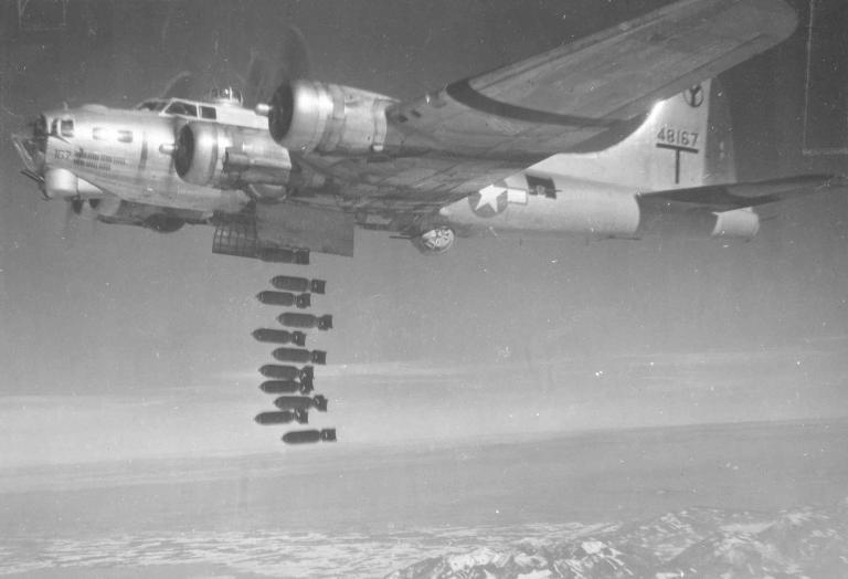 B-17G-50-VE (S/N 44-8167) during in-flight high altitude bomb drop in WWII (photo credit 050610-F-1234P-011.jpg, National Museum of the US Air Force).