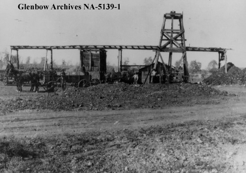 Addison McPherson’s “Black Diamond” coal mine, ca. 1913-1916. The local post office and the community it served were named for this coal mine. (Glenbow Archives, NA-5139-1.)