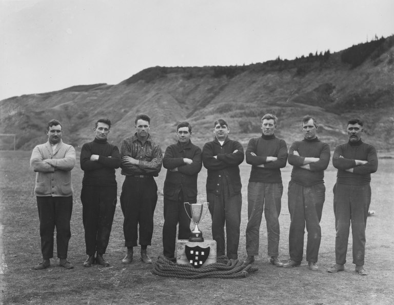 From the outset, sports were an important part of Labour Day celebrations. These miners pose with their trophy after winning the Labour Day Tug-of-War in Drumheller (ca. 1920). Courtesy of the Provincial Archives of Alberta, A15048.