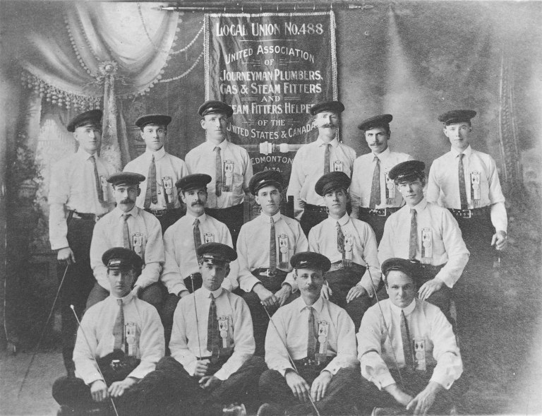 Local 488 of the United Association of Plumbers and Pipefitters, Edmonton (1904). This portrait illustrates the images that craft unions wanted to project to the public during Labour Day parades – well dressed, respectable and dignified. Courtesy of the Provincial Archives of Alberta, A19670.