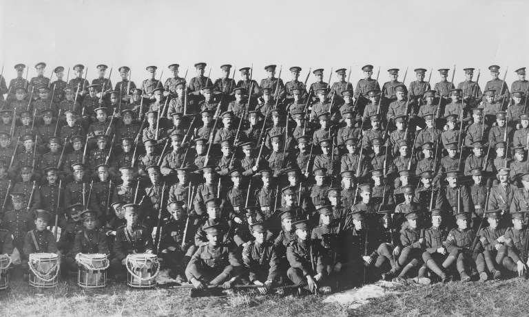 Group photo of the 187th Regiment, Canadian Expeditionary Force from Stettler, Alberta. November 18, 1916 (Provincial Archives of Alberta, A5037b) 