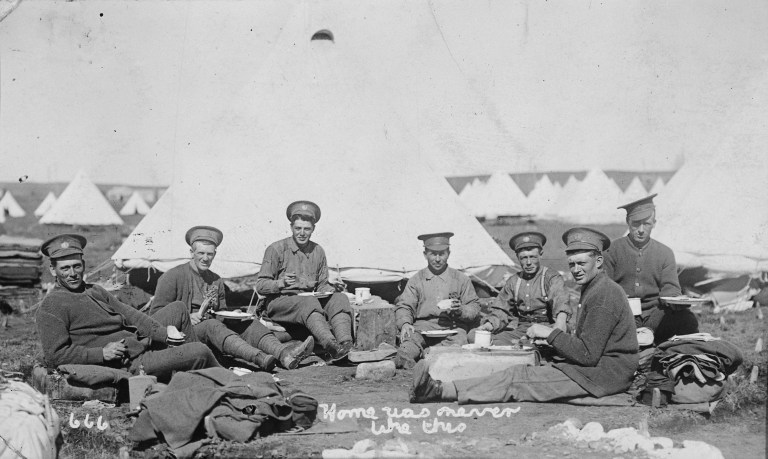 Len Foster and other soldiers overseas during the First World War, ca. 1916 (Provincial Archives of Alberta, A6741) 