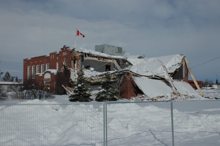Grande Prairie High School, with collapsed roof