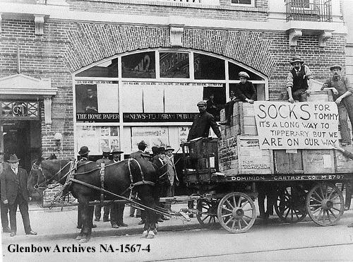Wagon loaded with socks for soldiers in Calgary, Alberta, ca.1916. (Glenbow Archives, NA-1567-4)