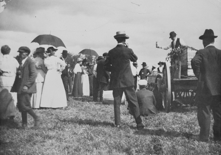 Crowd gathered for Patriotic Day and Red Cross sale at Two Hills, auction at Fred Schoff Store to raise funds for WW I, 1917. (Provincial Archives of Alberta, A10676)