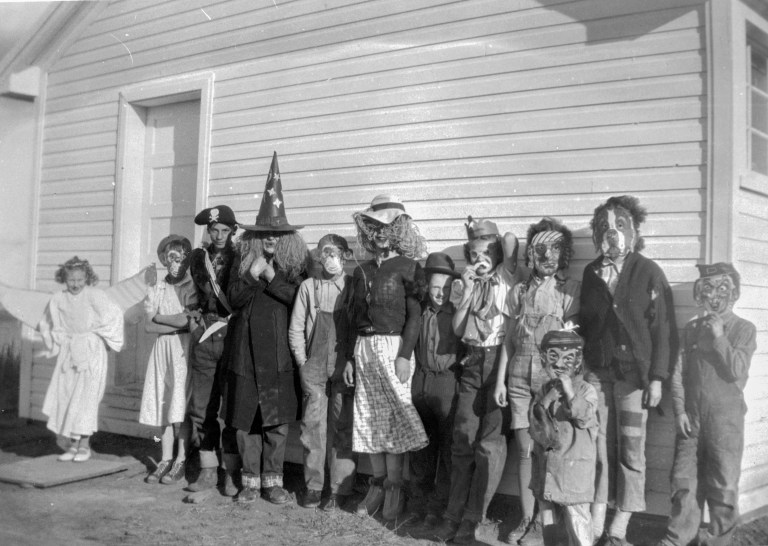 Trick-or-treating near Little Smokey River (ca. 1950). Courtesy of the Provincial Archives of Alberta, A15910.