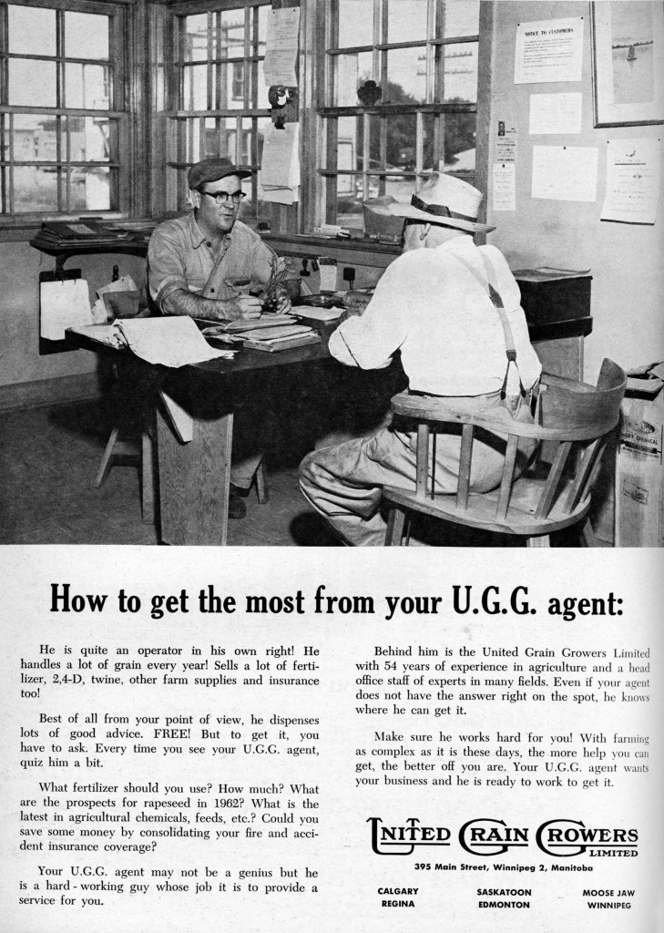 A somewhat idealized artistic perspective on the importance of the grain elevator to the business of the prairie town. Country Guide, March, 1933, page 10, (reproduced with the permission of the Glenbow Archives.)