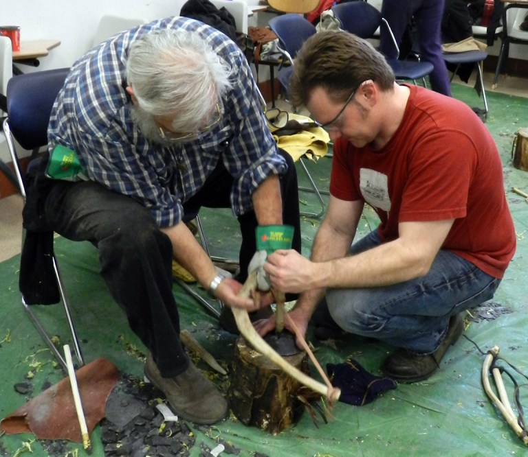 Members of the Strathcona society making their own stone tools at the March 2014 flintknapping workshop. Photo courtesy of Kurtis Blaikie-Birkigt.