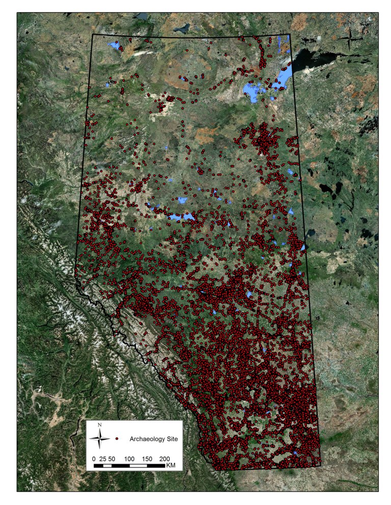 Distribution of archaeology sites in Alberta, December 2014.