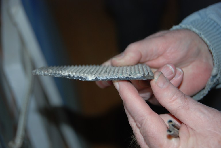 A close-up of a piece of prism glass from the Renwick Building, a Provincial Historic Resource on Fort Macleod’s main street (Courtesy of Fraser Shaw, Historic Resources Management Branch).