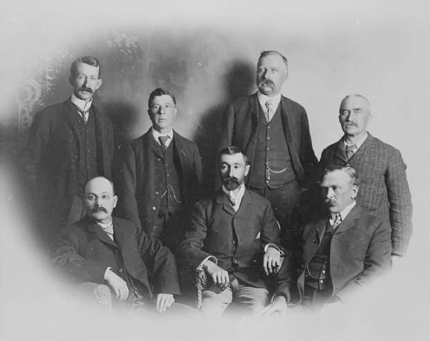 Alberta Association of Architects, ca. 1906.   Back row: Hopkins, R. P. Barnes, J. Wise, H. D. Johnson, Front row: A. Magoon, F. X. Deggen-Dorfer, A. Pirie.  (Provincial Archives of Alberta, A1998).