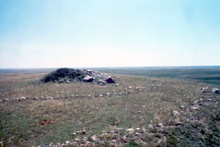 Medicine Wheel with outer rings and a central cairn. Photo credit: Royal Alberta Museum.