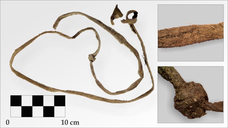 Leather strip found on ice patch edge. Dates to A.D. 1670.