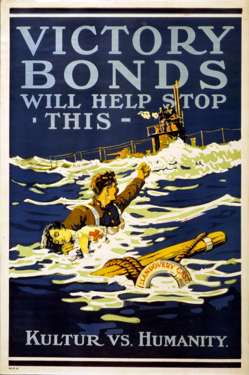 A 1918 Canadian poster using the sinking of the Llandovery Castle as a focal point for selling war bonds. (https://commons.wikimedia.org/wiki/File%3AVictory_bonds_(Llandover_Castle).jpg)