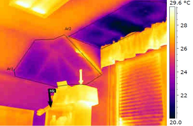 Infrared thermography of dormer interior with cold (damp) areas appearing as dark zones and hidden framing telegraphing through the uninsulated plaster (Photo Credit: Infrared Diagnostic Imaging & Leak Detection and RKH Architecture).