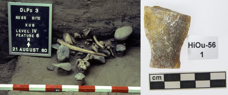 Borden number DlPd-3 (Ross Site) is used as the unique identifier for this archaeological site (left). Borden numbers are also used to catalogue artifacts that are recovered from archaeological sites (right).