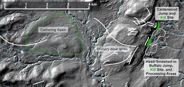 Figure 5. The cultural landscape of Head-Smashed-In Buffalo Jump encompasses a huge gathering basin that was likely burned several months in advance to produce lush grass that attracted buffalo. They were then lured to long drive lanes that corralled them toward cliff faces that offered the illusion of continuing prairies.
