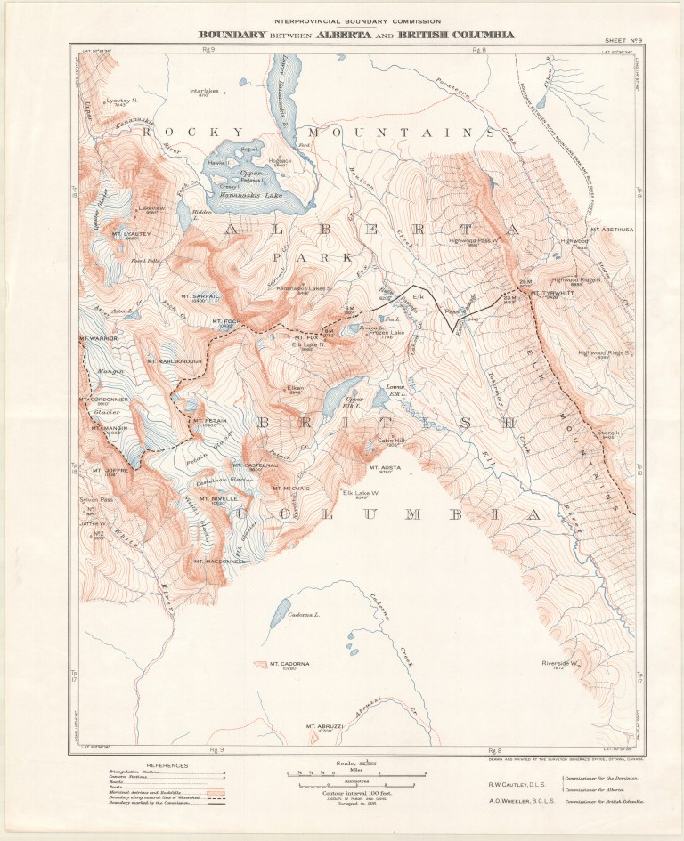 Interprovincial Boundary Commission map showing Upper Kananaskis Lake and Cressy Island, Hawke Island, Hogue Island and Pegasus Island. The smaller, unnamed island east of Pegasus Island is likely Aboukir Island and the small island east of and between Hawke and Hogue is likely Schooner Island. Source: Office of the Surveyor General. Sheet No. 9A [map]. Scale 1:62,500. In 
