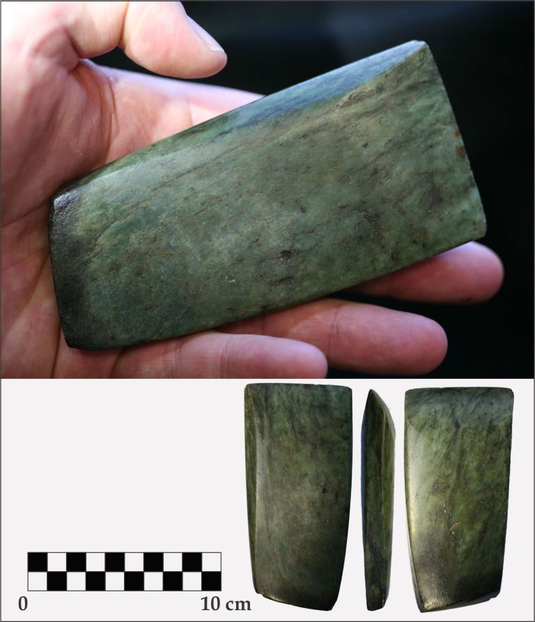 Nephrite celts are highly polished with a flat and slab-like shape. This specimen was found near Stony Plain outside of Edmonton.