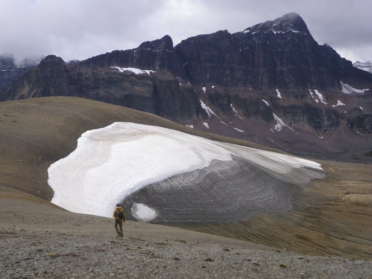 Ice patch in the Maligne Lake Area of Jasper National Park, archaeologists surveyed the patch in August 2016. (Photo Credit: Aaron Osicki)