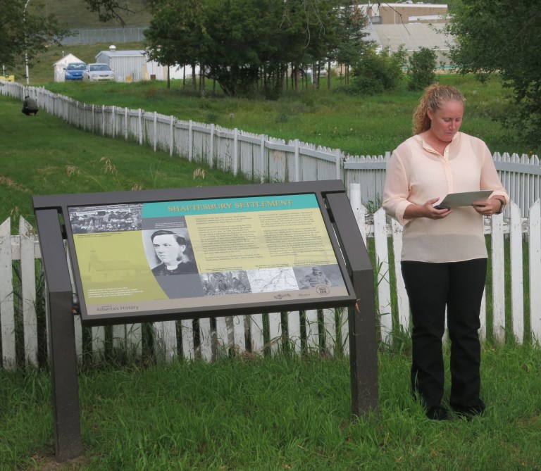 Leah Miller, Board Member of the Alberta Historical Resources Foundation at the unveiling of the Shaftsbury Settlement Heritage Marker.