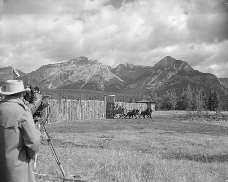 Filming 'Saskatchewan' in Banff, 1953. A replica fort was built at the abandoned coal mining town of Bankhead. (Photo Credit: Provincial Archives of Alberta PA721.2)