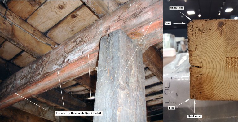 Left - Walter Barn (main floor), historic timber used as a structural loft support beam for the 2nd floor – note the decorative bead moulding and quirk detail that runs the full length of the timber (taken by author, February 2009); Right - Cross section of the Walter Barn timber demonstrating decorative bead moulding and quirk detail (taken by author Jan 2017).