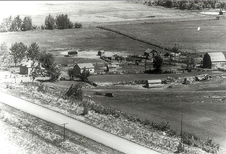 Historic aerial view of Bowen Farm at Amber Valley with Obadiah Place at far left. Source Unknown, Courtesy of the Historic Resources Management Branch, Alberta Culture and Tourism.