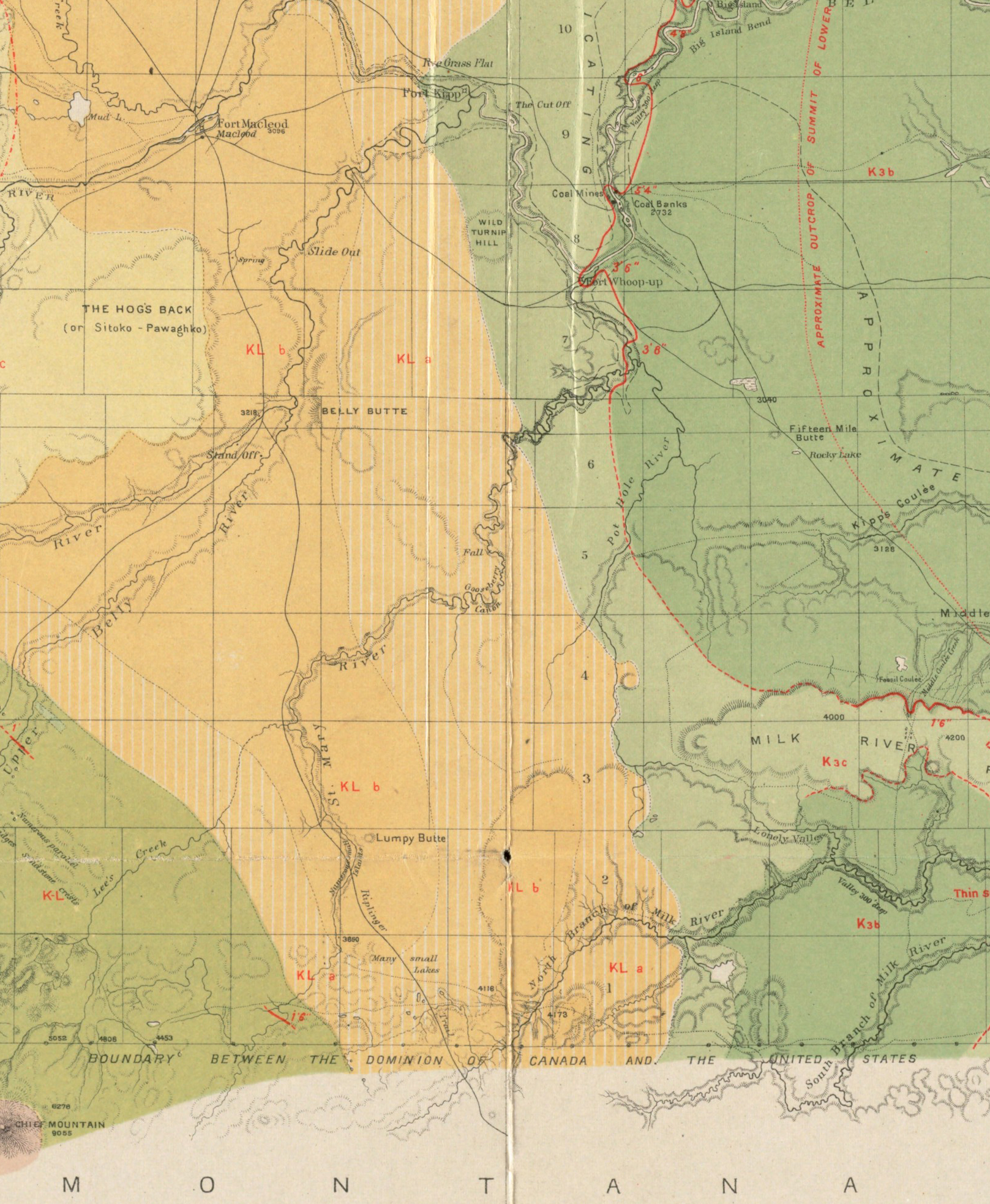 geological map of the region in the vicinity of the Bow and Belly Rivers, by George Dawson, 1884,