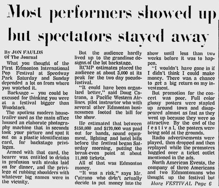 Jon Faulds' review of the pop fest. Promoters lost money due to low attendance, but it seemed like both the bands and the people who did end up going had a good time. Source: Vintage Edmonton.
