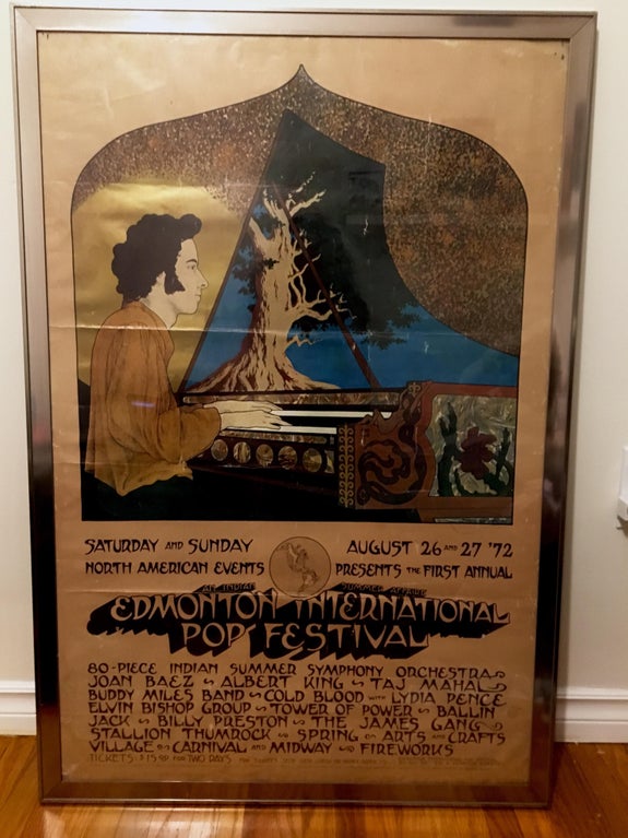 Original poster for the 1972 Edmonton International Pop Festival, by Phoenix & Arabeth. Apparently, glossy colour posters were plastered around the city only a couple weeks before the event. They were replaced almost as fast as they were stolen.