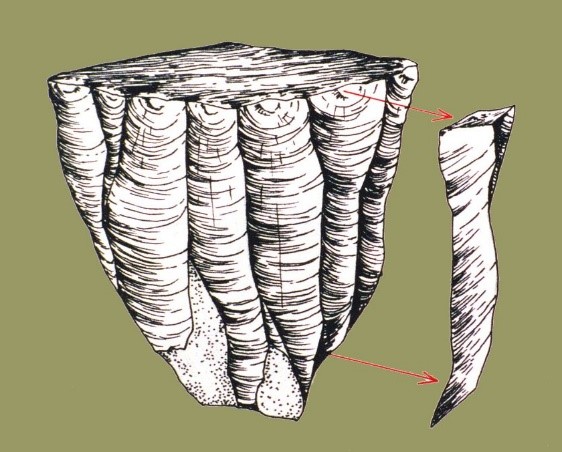 Typical elements of microblade technology: Microblade core (left); Microblade (right).