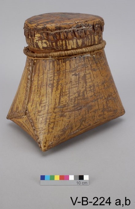Birch bark basket sewn with split spruce roots, Siksika. Source: Canadian Museum of History.