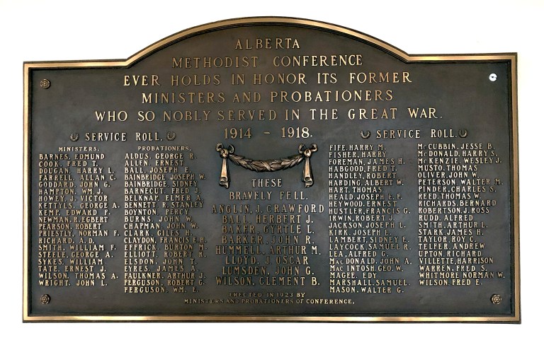 This plaque at Old St. Stephen's College honours its former ministers and probationers who served in WWI. Photo by: Peter Melnycky.